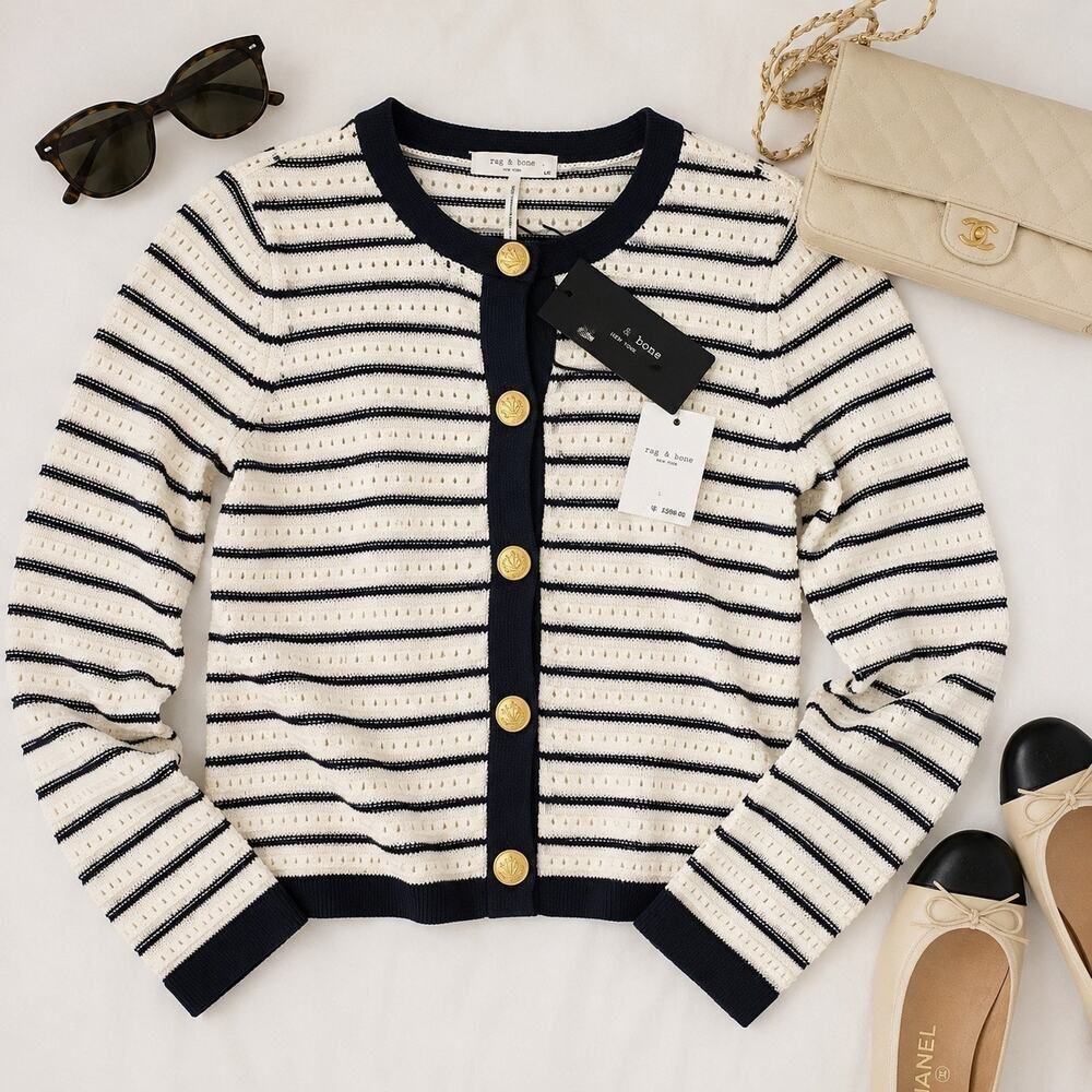 Rag & Bone Evelyn Stripe Cardigan Sweater Nautical Coastal Quiet Luxury Preppy L